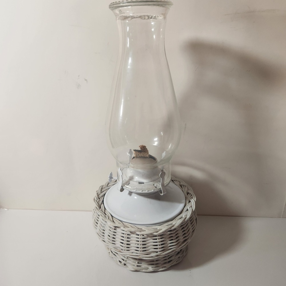 Vintage White Wicker Oil Lamp Hurricane Glass Chimney Farmhouse Decor 13.5 Inch